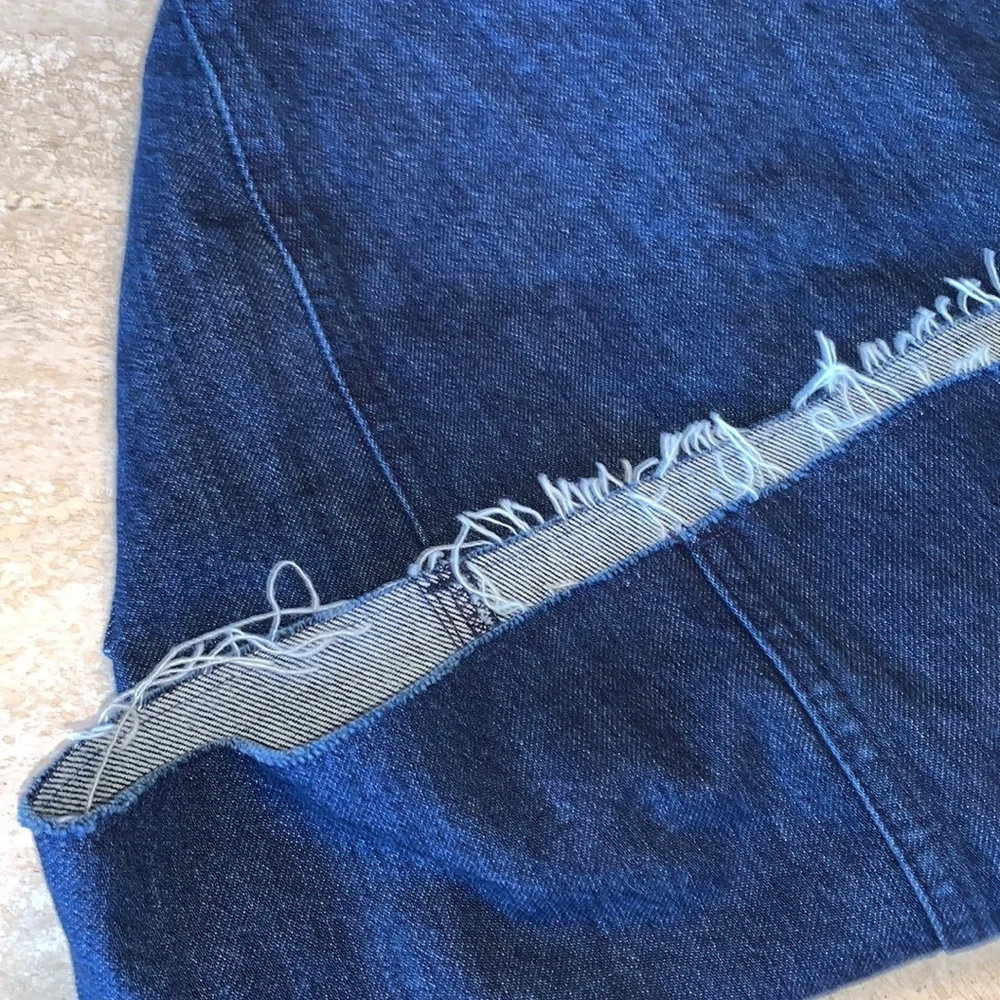 “Kintsugi” style OOAK SKIRT, Women's 8 gold embellishment, wrap, denim, raw hem.